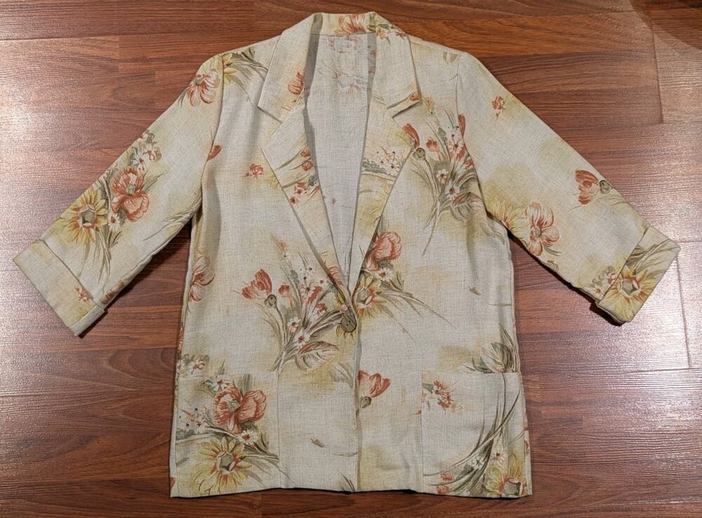 Vintage Floral Blazer Womens M Cottagecore Linen Blend Botanical Jacket 90s